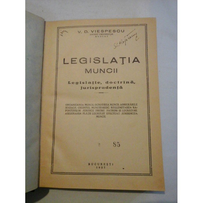 LEGISLATIA MUNCII - V.D. VIESPESCU - 1937